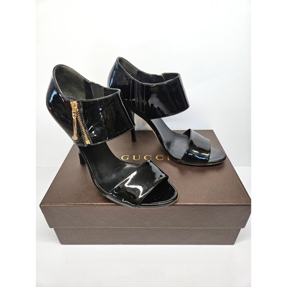 Gucci Shoes - Gucci Black Patent Leather Ankle Cuff Sandal Heels Size 38.5
